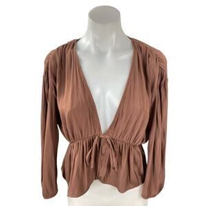 Aritzia Wilfred Shanina Womens Brown Deep V Neck Long Sleeve Tie Blouse Top Sz S